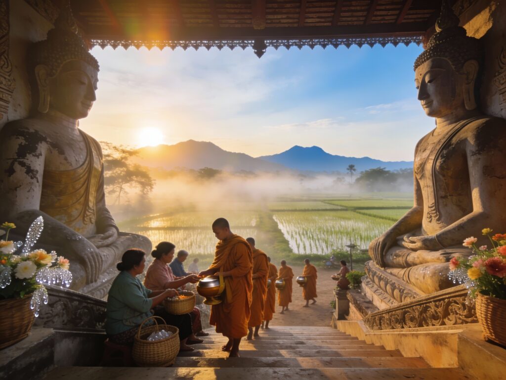 **Singburi’s Dawn Offering: Almsgiving with Giants at Wat Phra Non Jaksi**