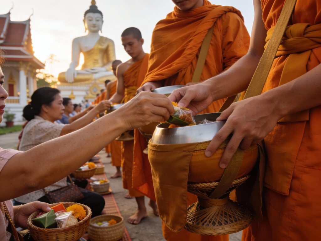 **Singburi’s Dawn Offering: Almsgiving with Giants at Wat Phra Non Jaksi**