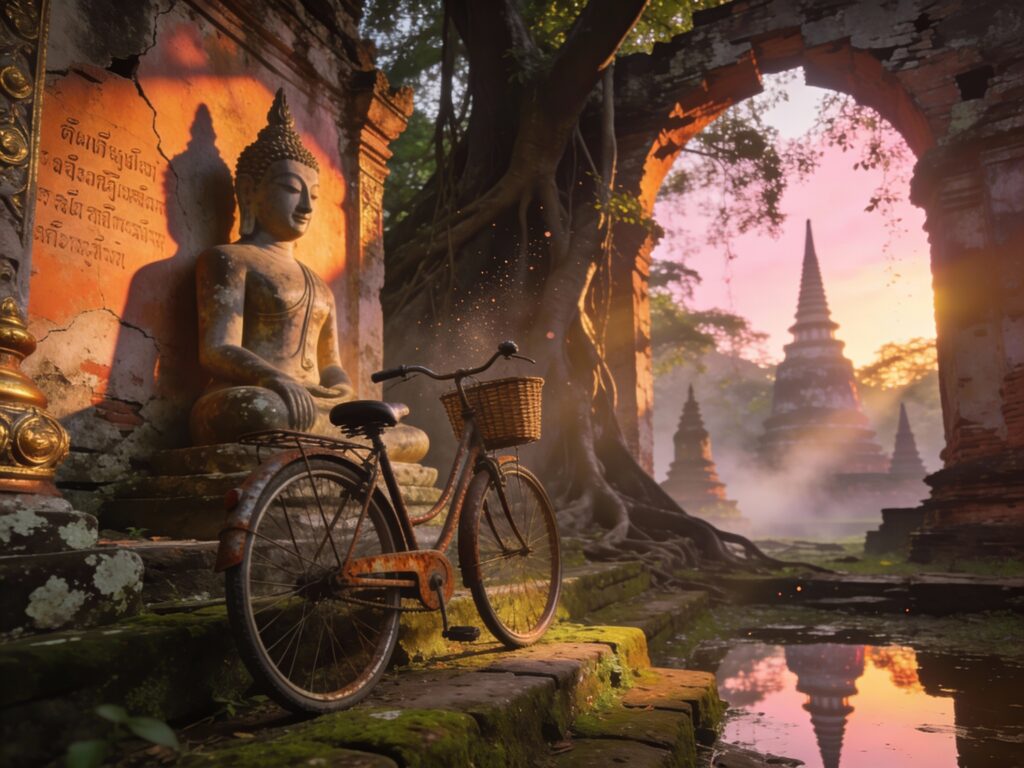 **Ayutthaya’s Dawn Whispers: Bicycle Exploration Among Ancient Temples at Sunrise**