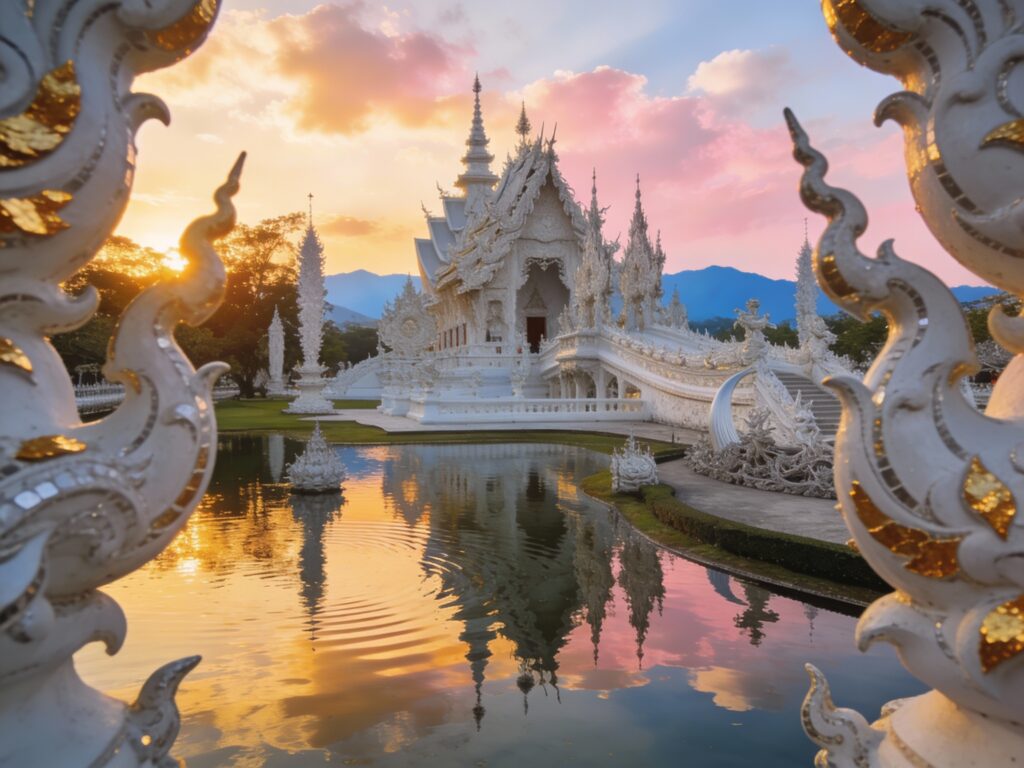 **Chiang Rai’s Golden Hour Glow: Sunset Serenity at Wat Rong Khun’s Mirrored Lake**