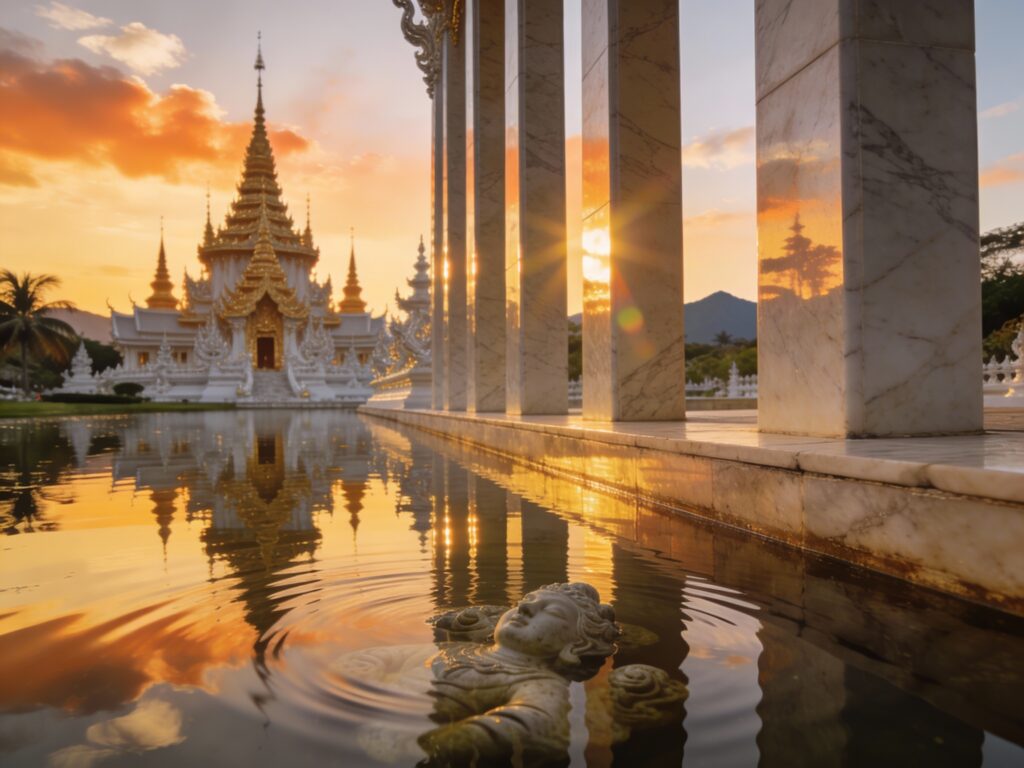**Chiang Rai’s Golden Hour Glow: Sunset Serenity at Wat Rong Khun’s Mirrored Lake**