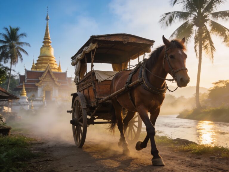 **Horse-Drawn Whispers: Gliding Through Lampang’s Morning Mist on a Century-Old Carriage**