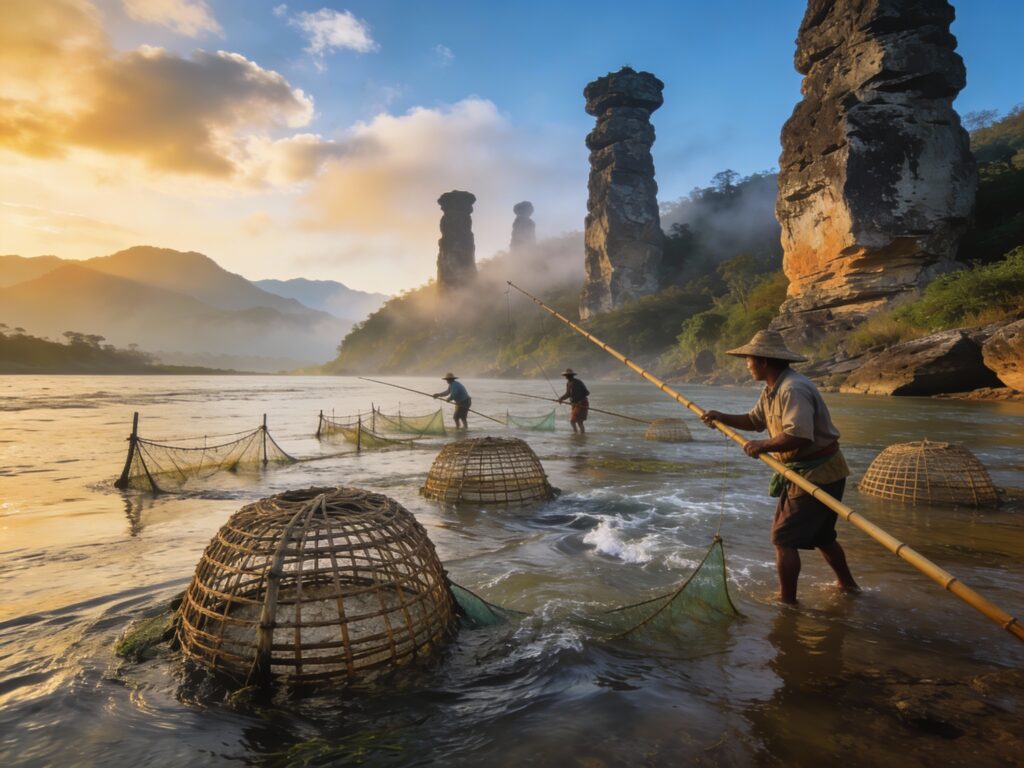 Bueng Kan’s Stone Sentinels & Dawn’s Bounty: Catching Mekong Fish in Ancient Kor Traps at Phu Tok