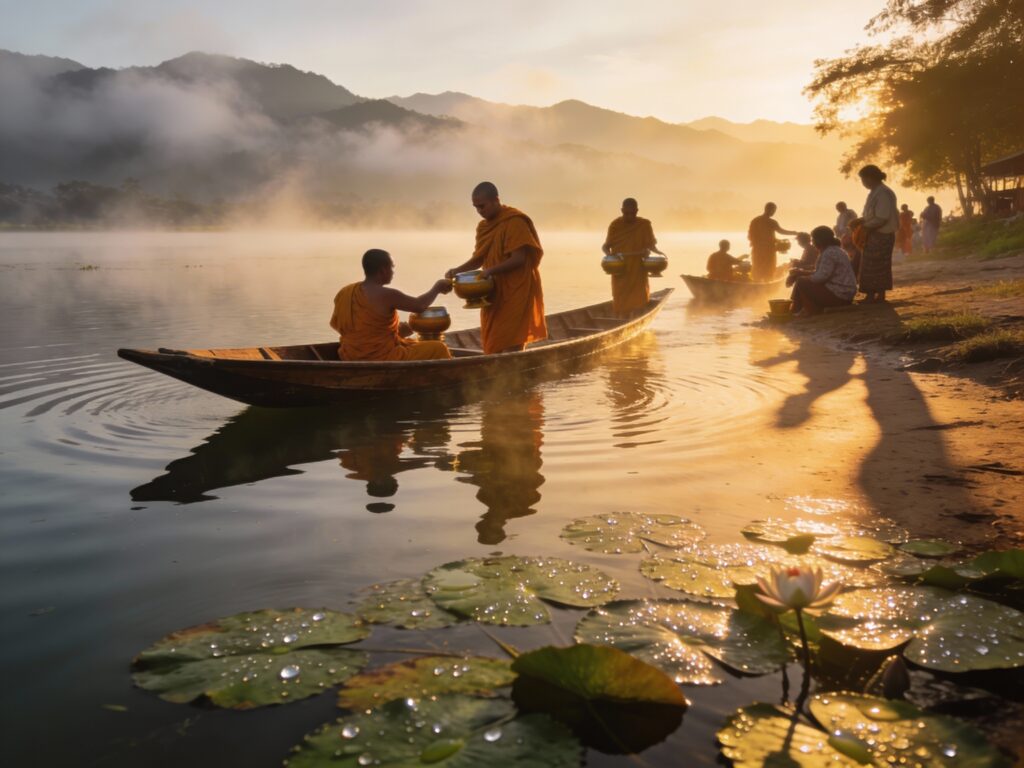 **Topic Title:**
Phayao’s Liquid Gold Alms: Dawn Offerings & Mist Veils on Kwan Phayao’s Glassy Surface