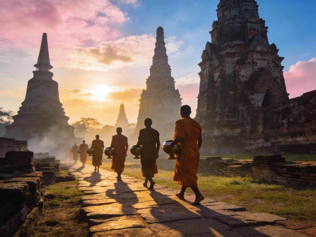Ayutthaya’s Rising Relics: Sunrise Silhouettes & Monks’ Morning Alms Among the Ancient Chedi Shadows