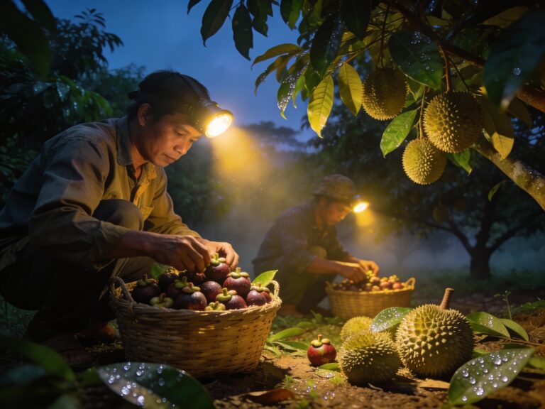 **Topic Title:**  
Rayong’s Predawn Pulse: Harvesting Midnight Mangosteens & Durian Under Headlamp Haloes in Amphur Klaeng’s Orchards