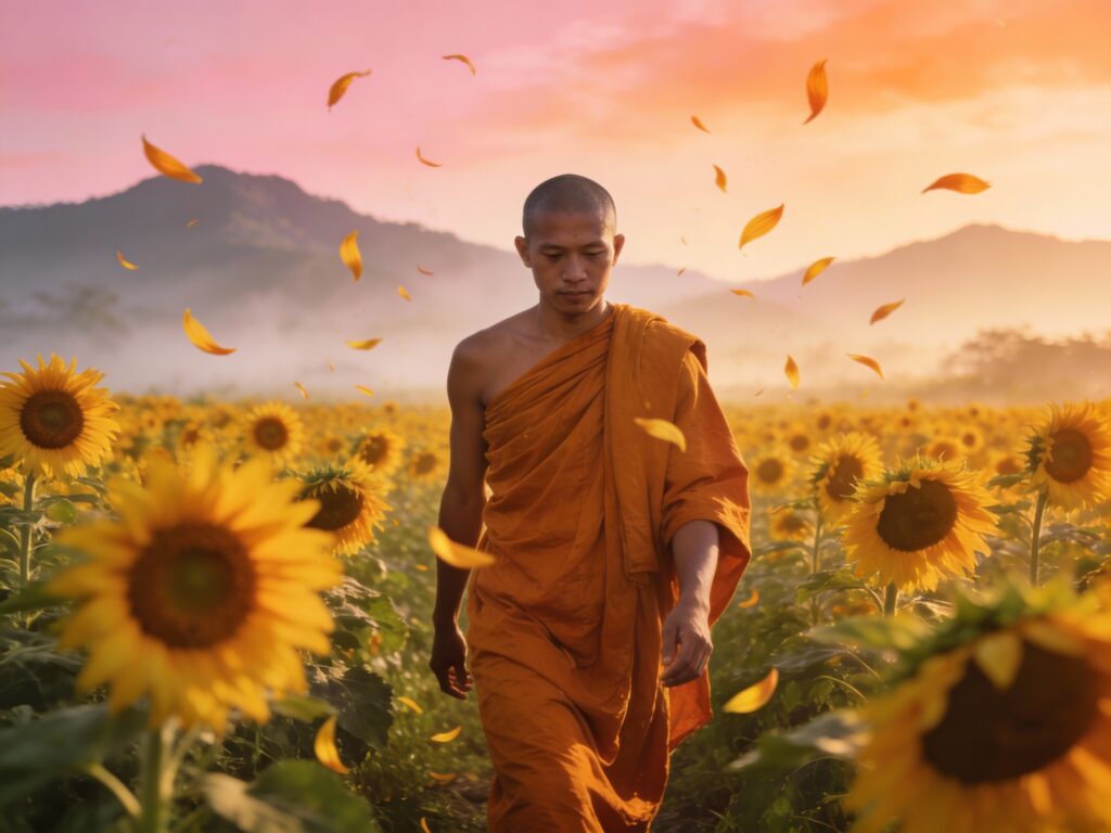 **Topic Title:**  
Saraburi’s Sunflower Alms: Tracing Saffron Robes Through Golden Dawn Petals