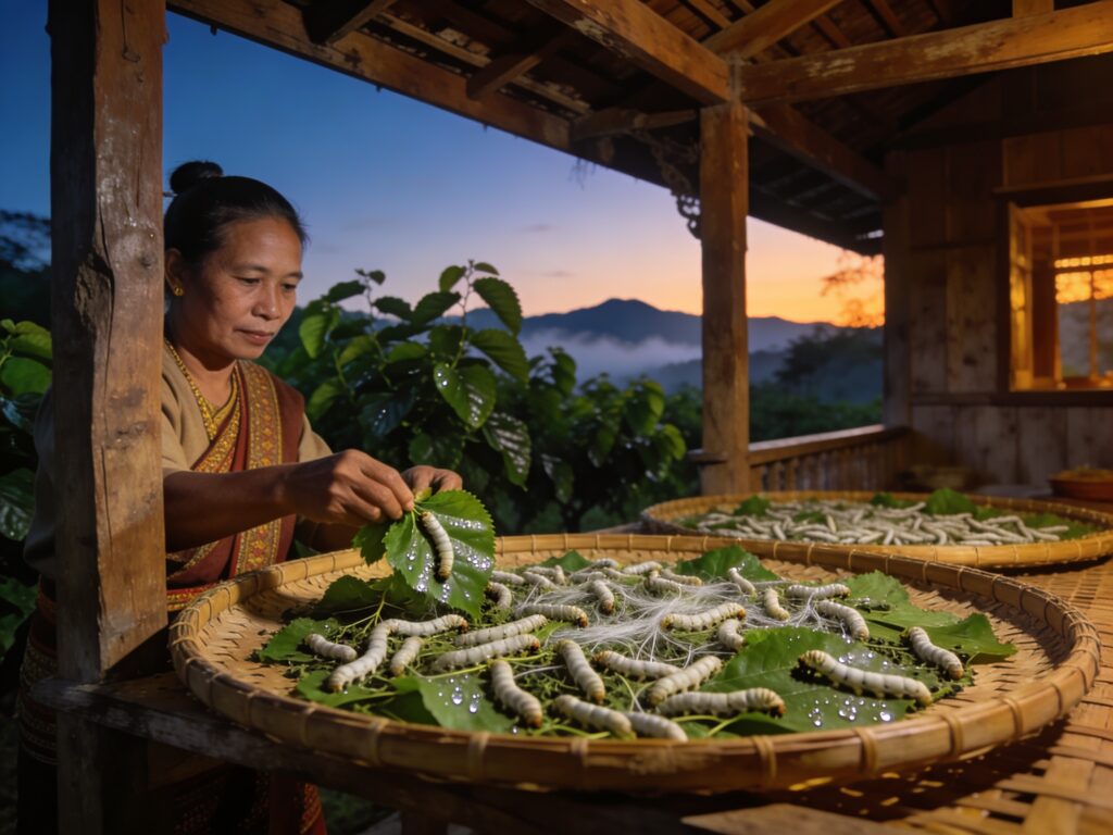 Lamphun’s Silken Sunrise: Feeding Mulberry Leaves to Hungry Silkworms in a Teak Villa’s Dawn Glow at 5am
