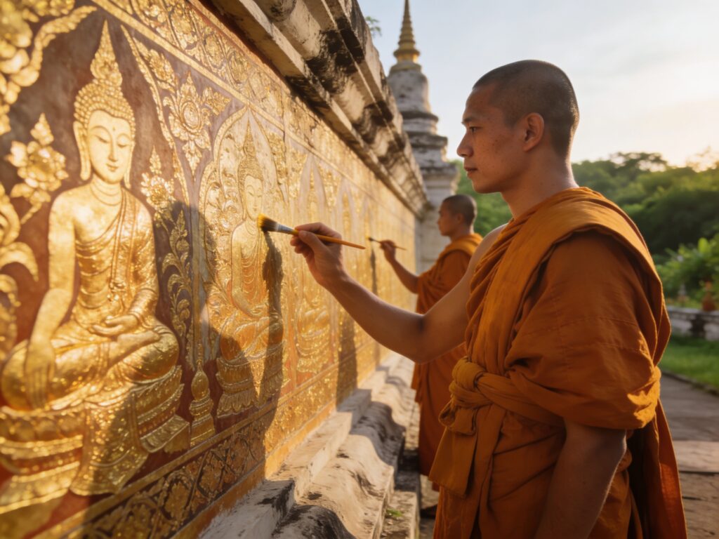 Saraburi’s Whispering Walls: Tracing Gold Leaf Temple Murals with Monk Guides in the Late Morning Sunlight