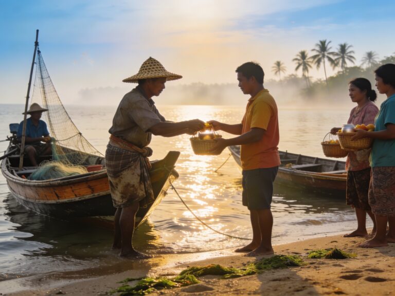 Rayong’s Floating Faith: Offering Alms to Sea Nomad Fishermen at Daybreak on a Shimmering Shoreline
