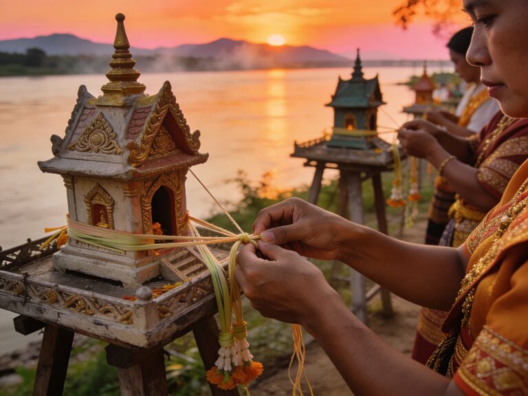 Nakhon Phanom’s Twilight Threads: Tying Sacred Sai Sin Blessings to Mekong River Spirit Houses at Sunset