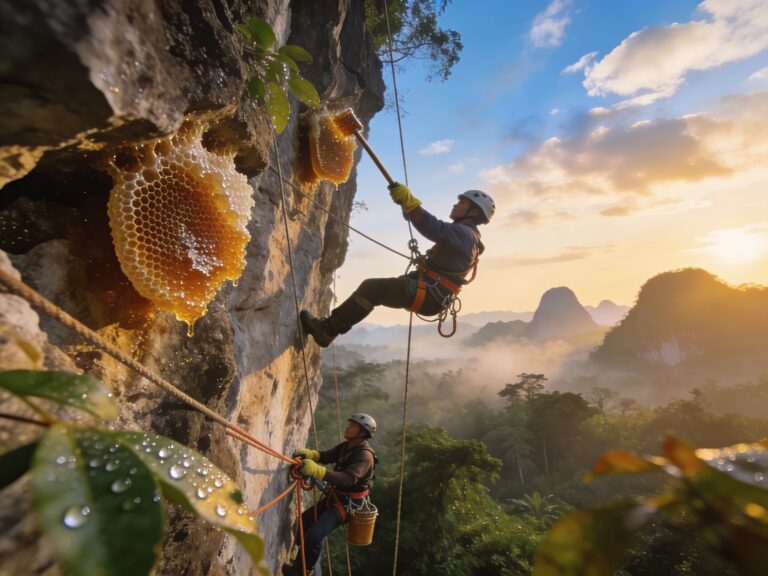 Kanchanaburi’s Vertical Gold: Harvesting Wild Honeycombs from Limestone Cliffs at Dawn