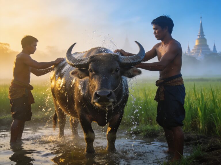 Suphan Buri’s Dawn Ritual: Bathing Sacred Water Buffaloes at the Thai Conservation Center’s Misty Paddocks