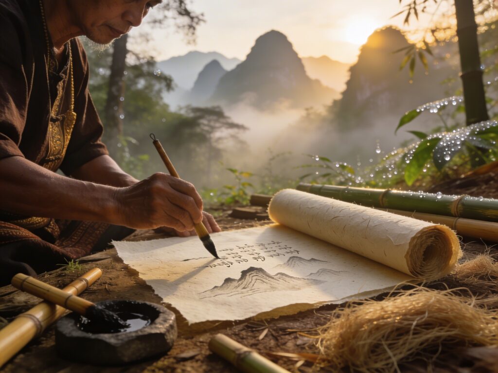 Nan’s Bamboo Ink Symphony: Hand-Crafting Mulberry Scrolls with Mountain Scribes in Mist-Shrouded Dawn