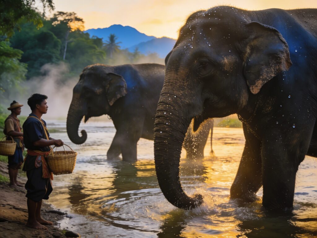 Surin’s Dawn Giants: Bathing Gentle Behemoths with Riverbank Mahouts in First Light