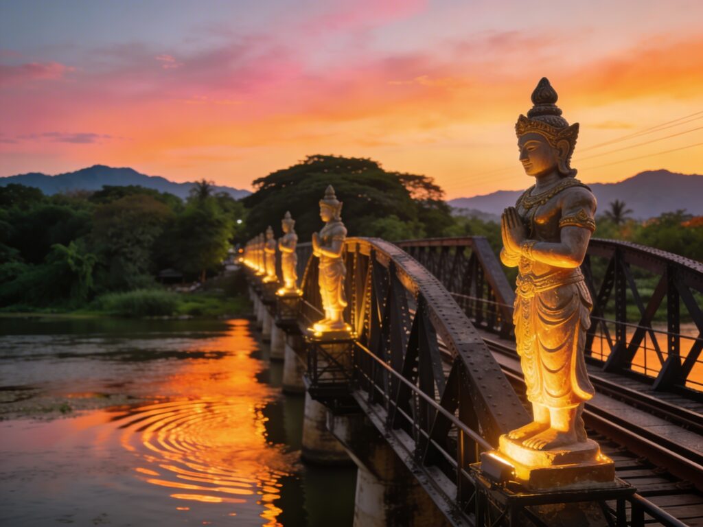 Kanchanaburi’s Twilight Tribute: Illuminating Sacrifice with Bridge Guardians at Sunset River Reflection