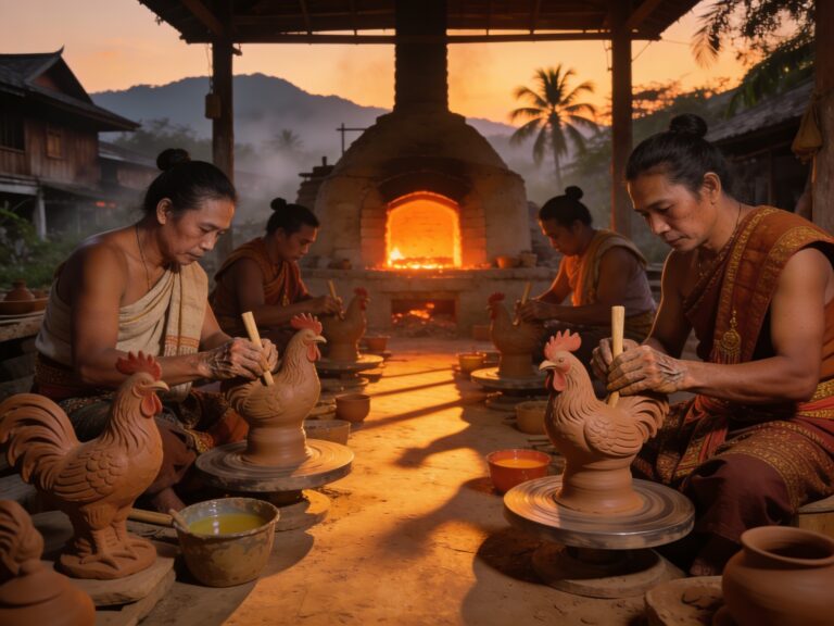 **Topic Title:**  
Lampang’s Kiln-Fired Guardians: Molding Sacred Ceramic Roosters with Village Potters at Twilight Kiln Glow
