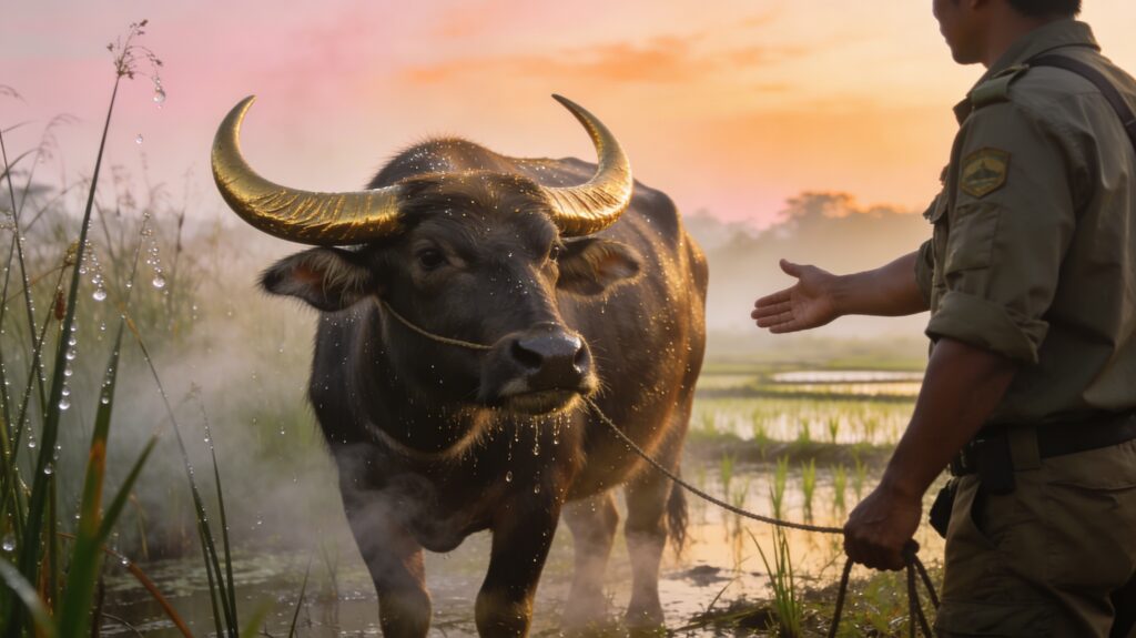 **Topic Title:**  
Suphan Buri’s Buffalo Whisper: Guiding Golden Horns with Dawn Conservators in the Marshland Mist Glow