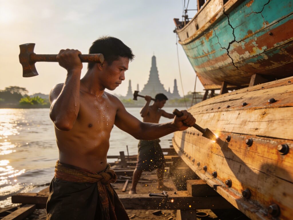 **Topic Title:**  
Ayutthaya’s Rivet Rhythm: Hammering Sun-Baked Hulls with Riverside Shipwrights Along the Ancient Chao Phraya Current
