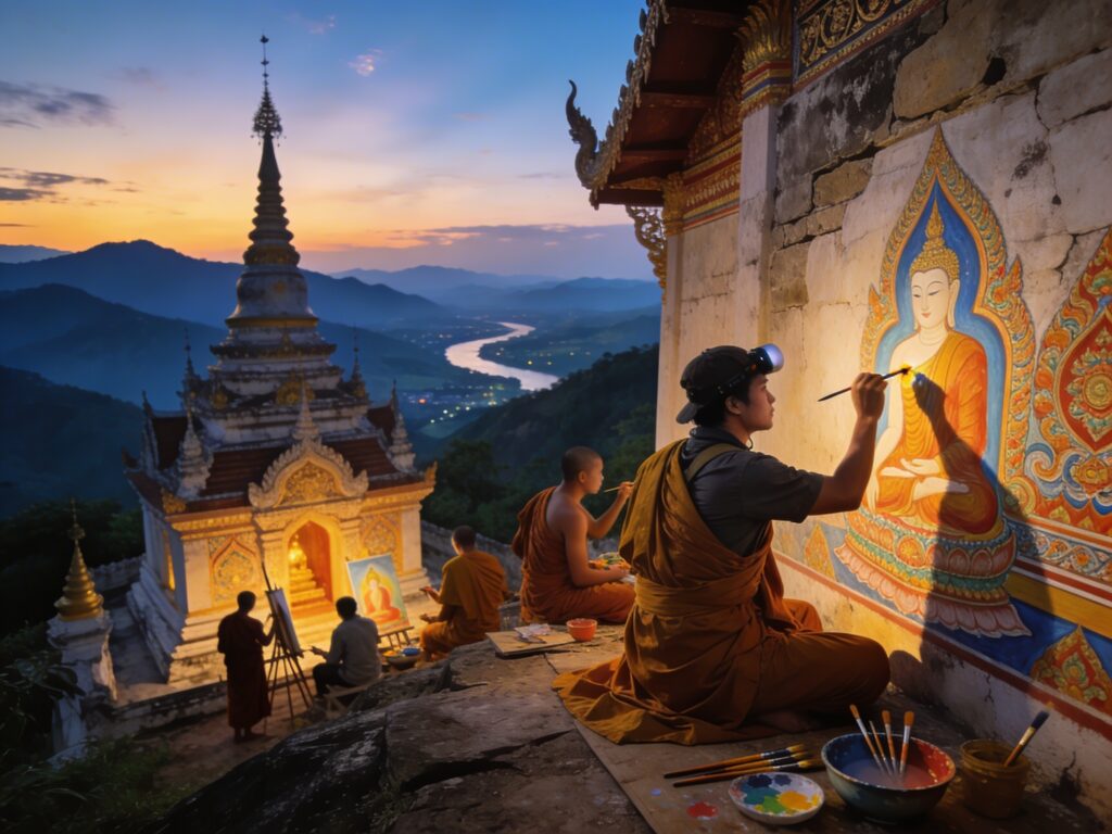 **Topic Title:**
Nan’s Lanna Legacy: Painting Temple Murals with Monk Artisans in the Mountain Monastery Twilight Glow