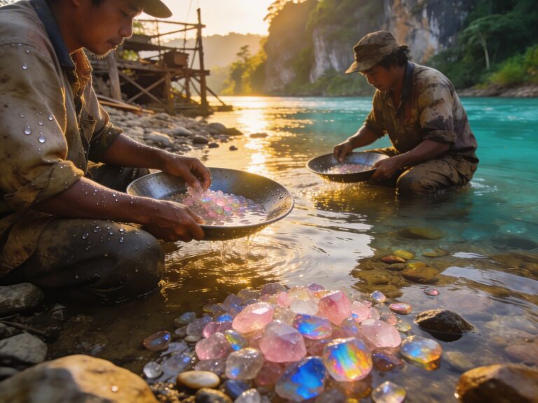 **Chanthaburi’s Gemstone River: Panning Rainbow Quartz with Riverside Miners in the Cathedral’s Golden Hour Glow**