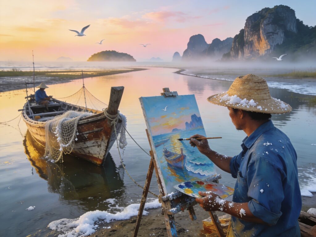 **Prachuap’s Coastal Canvases: Painting Seascapes with Fisherfolk in the Salt-Kissed Lagoon Dawn**