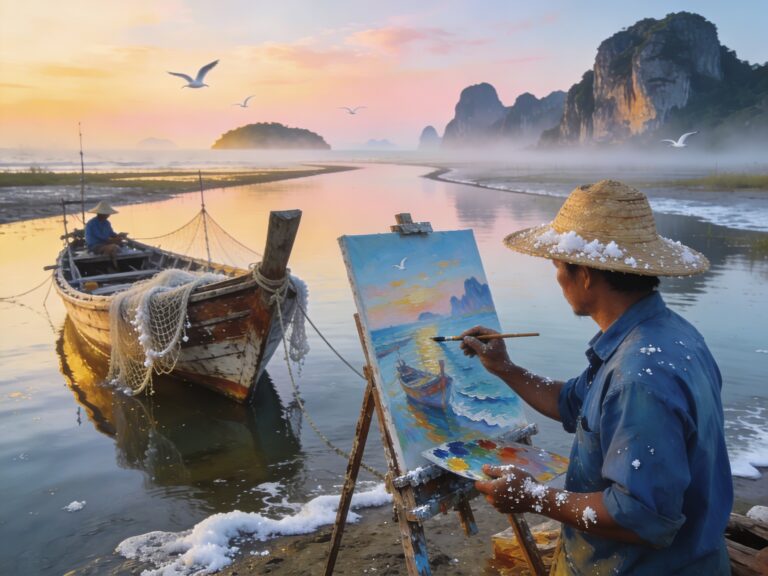 **Prachuap’s Coastal Canvases: Painting Seascapes with Fisherfolk in the Salt-Kissed Lagoon Dawn**