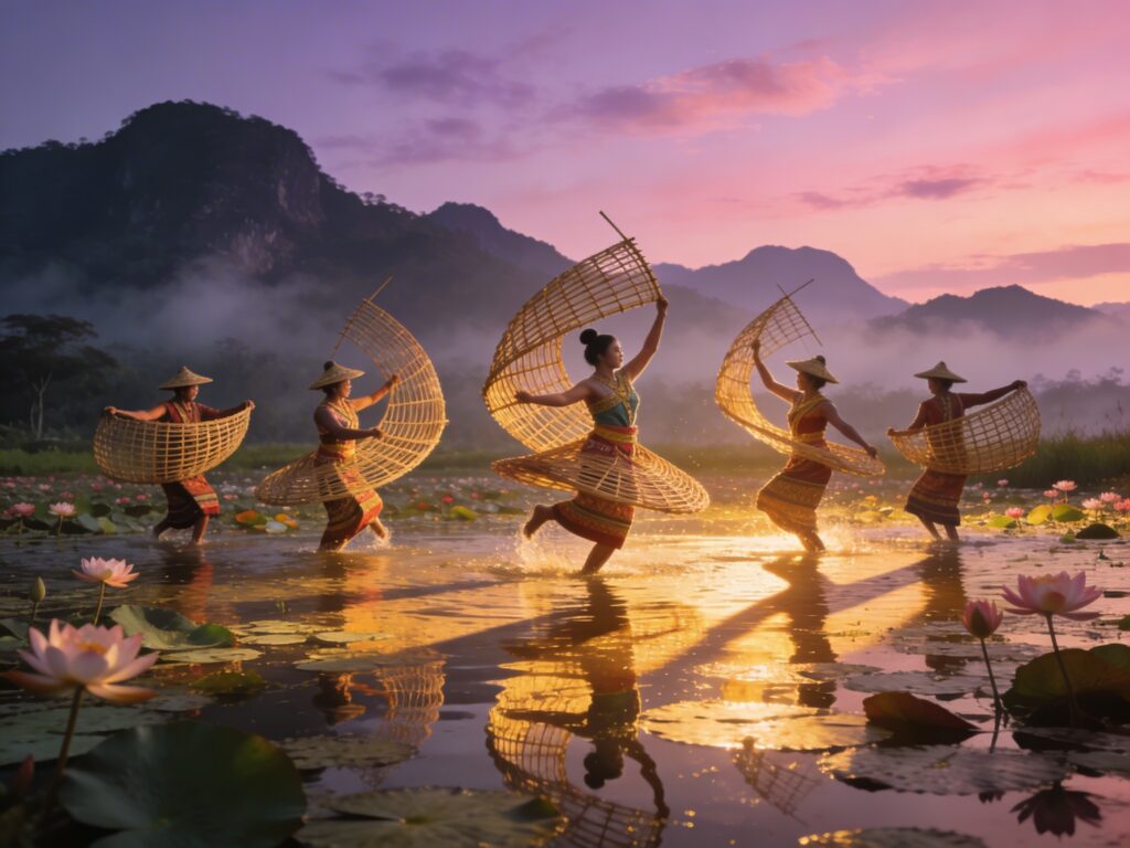 **Ang Thong’s Bamboo Ballet: Sculpting Aquatic Grace with Basket Weavers in the Lotus Marsh Twilight**