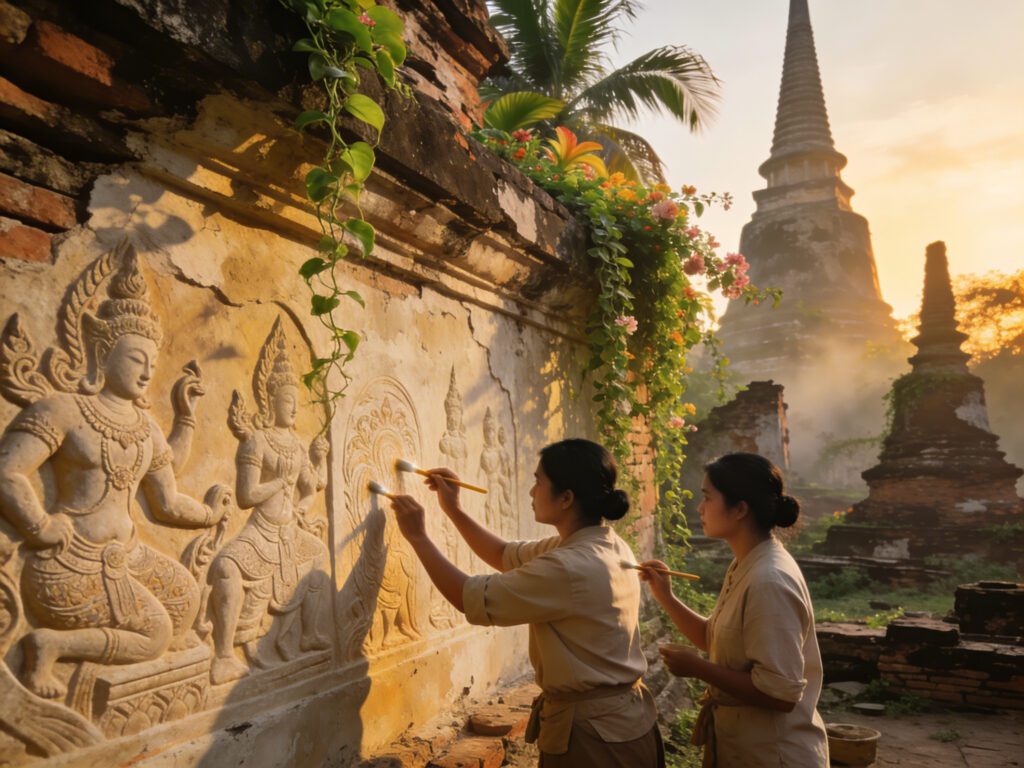 **Ayutthaya’s Temple Murmurs: Tracing Stucco Reliefs with Dawn Restorers in the Ancient Sanctuary Hush**