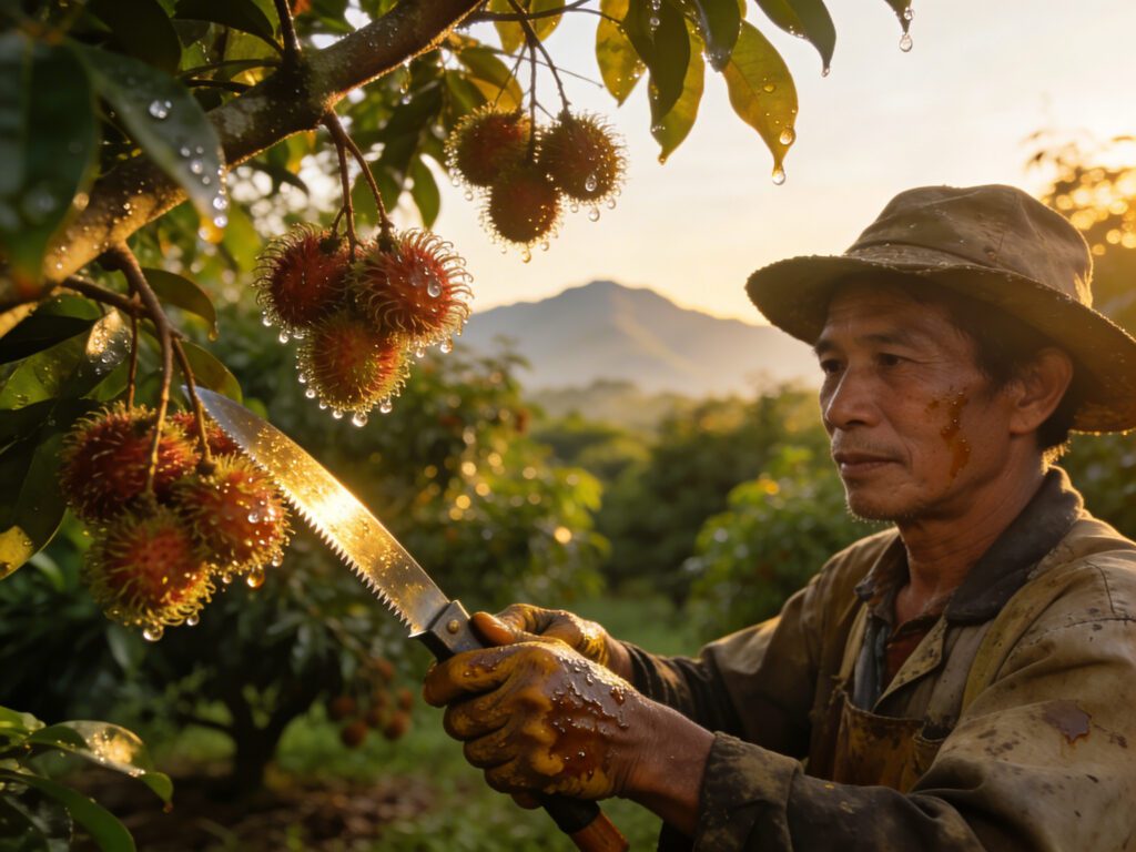 Chanthaburi’s Gilded Blades: Harvesting Heirloom Rambutan with Sap-Stained Guardians in the Orchard Daybreak