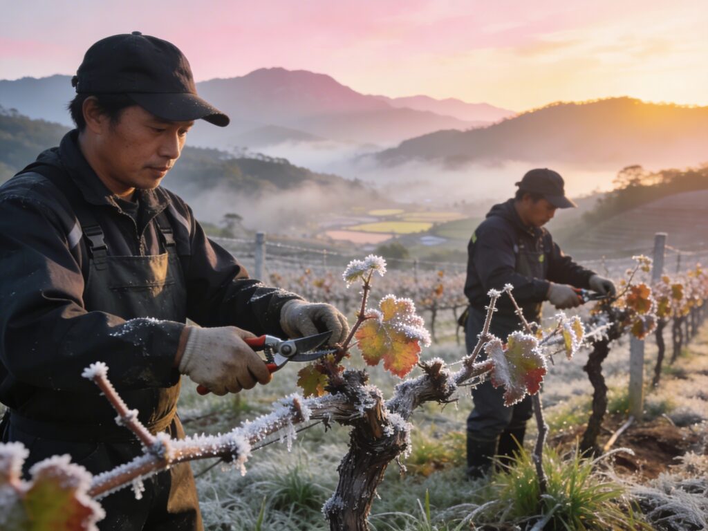 Loei’s Vineyard Vigil: Pruning Grapes with Highland Vintners in the Frost-Kissed Dawn