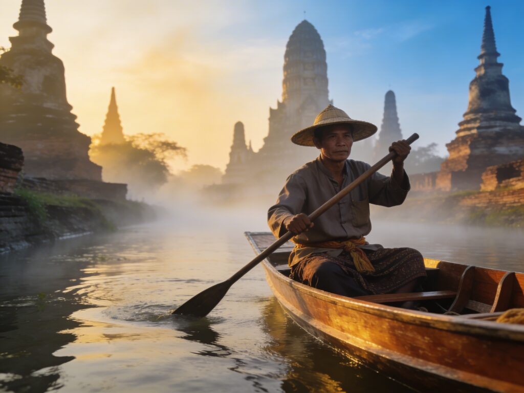 Ayutthaya’s Dawn Whispers: Gliding Through Ancient Kingdoms with Boatmen in the Mist-Laden Canals