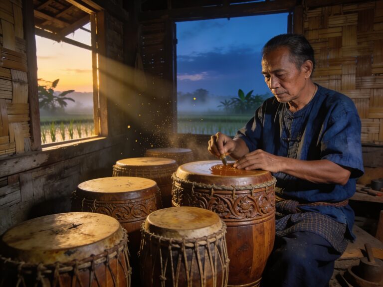 Sakon Nakhon’s Drum Echoes: Crafting Resonant Rhythms with Master Artisans in the Indigo Hush of Pre-Dawn.