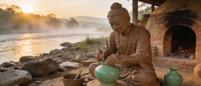 **Lampang’s Kiln Cadence: Sculpting Celadon Masterpieces with Ceramic Sages in the River-Washed Dawn**