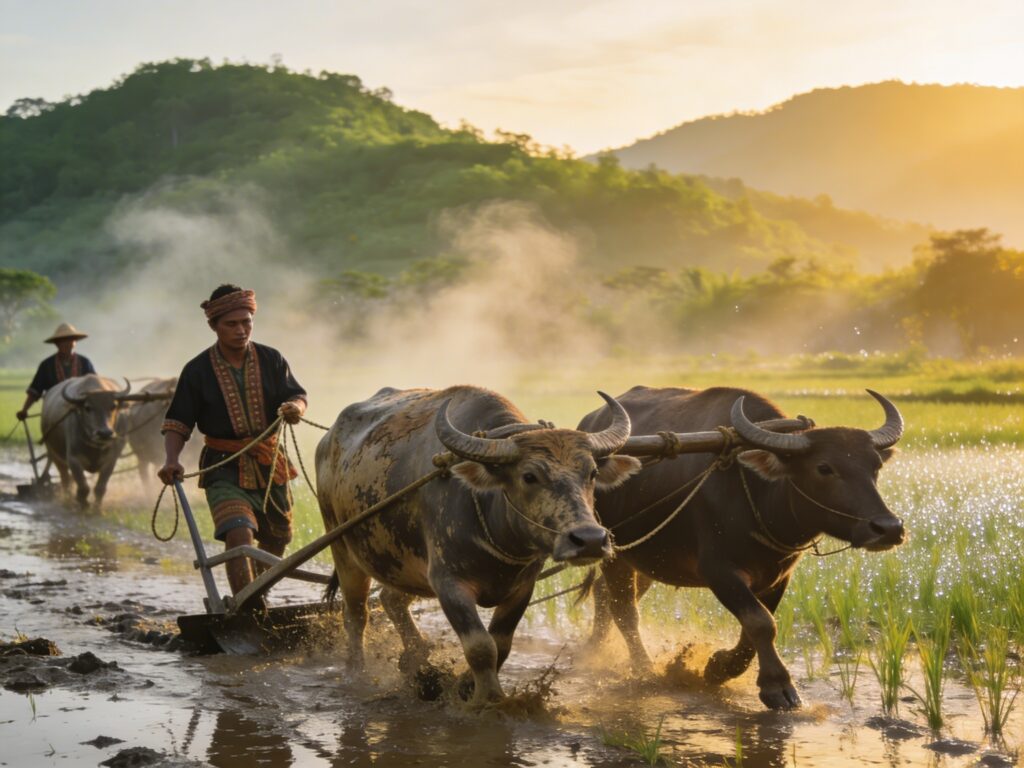 **Suphan Buri’s Buffalo Bonds: Guiding Plough Teams with Rice Farmers at Daybreak**