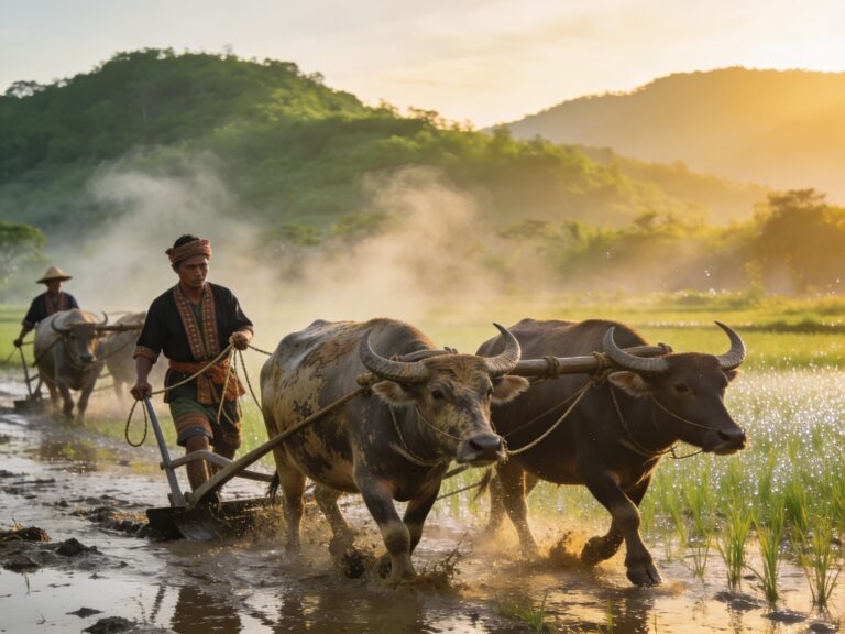 **Suphan Buri’s Buffalo Bonds: Guiding Plough Teams with Rice Farmers at Daybreak**