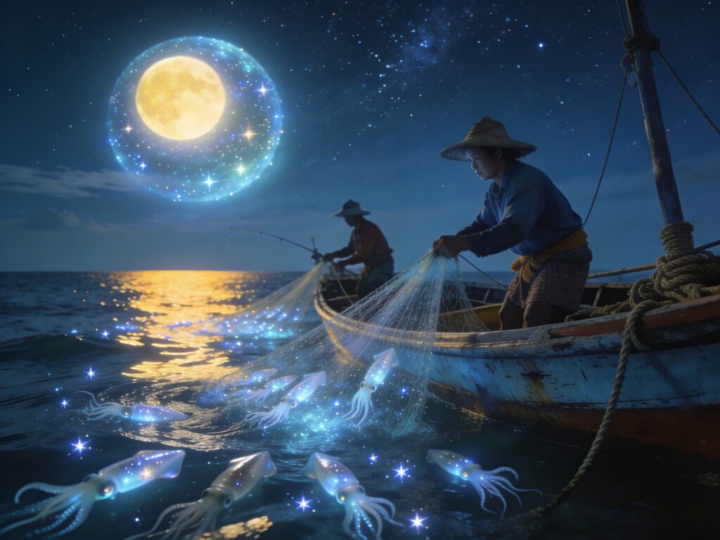 **Trat’s Starlit Squid Symphony: Casting Nets with Coastal Custodians Under a Biosphere Moon**