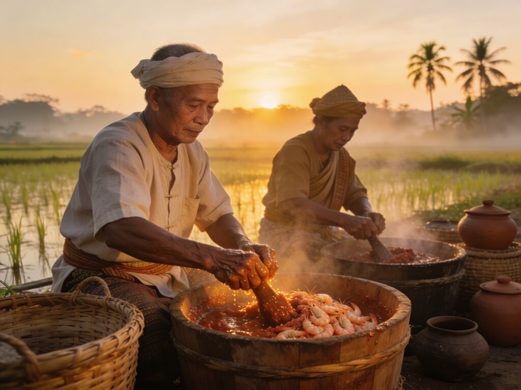 **Suphan Buri’s Dawn Paste Guardians: Stirring Sacred Shrimp Paste with Heritage Keepers in the First Brine-Scented Light**