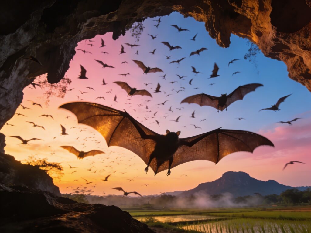 Ratchaburi’s Twilight Winged Exodus: Guiding Cave Emergence with Bat Guardians as the Sky Transmutes to Amber