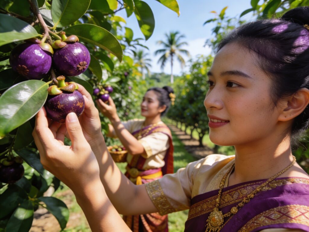 **Rayong’s Orchard Oasis: Plucking Mangosteen with Fruit Guardians in the Midday Canopy Shade**