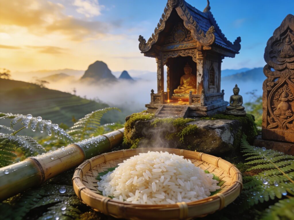 **Loei’s Spirit House Sustenance: Offering Sticky Rice at Dawn Devotion in the Mist-Wrapped Highlands**