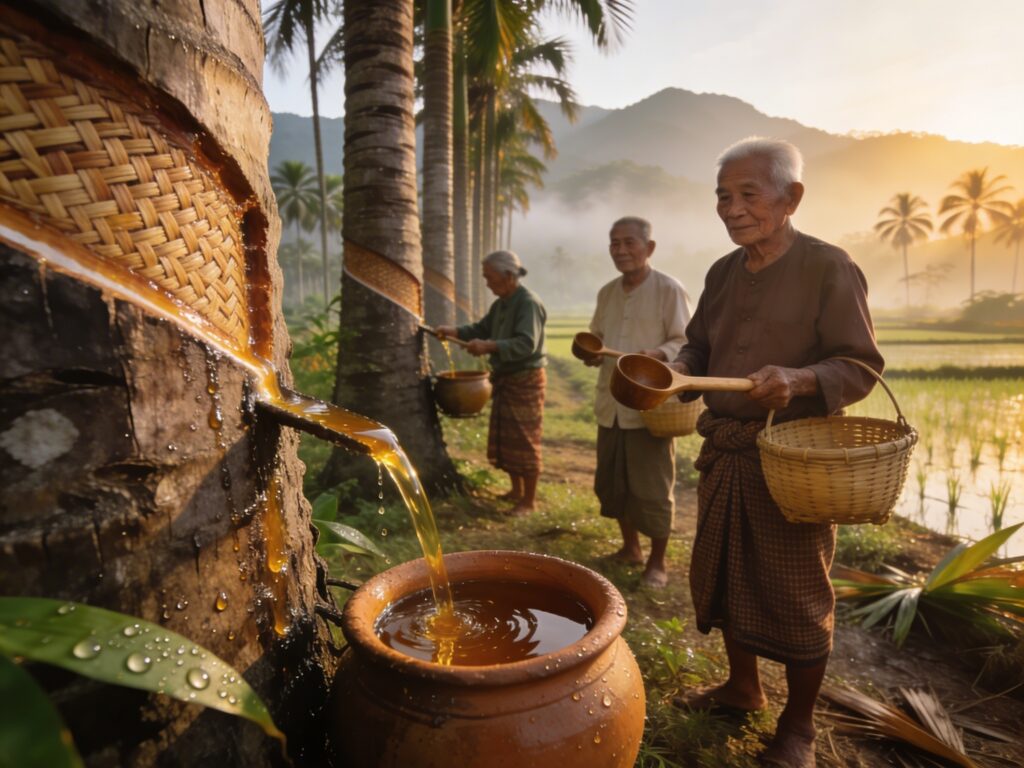**Phetchaburi’s Amber Sap Serenade: Harvesting Palm Nectar with Grove Guardians in the Daybreak Dew**
