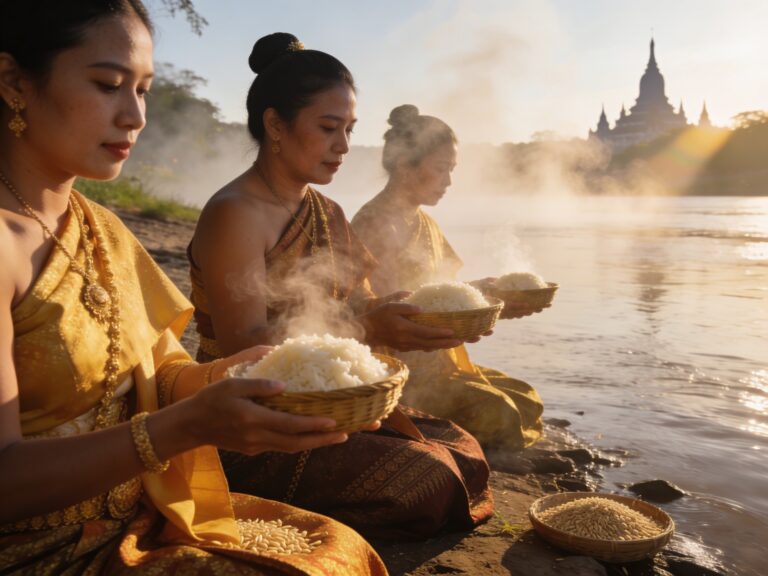 Nong Khai’s Riverine Reverence: Offering Steamed Sticky Rice with Riverside Devotees as Sunlight Pierces the Mekong Mists