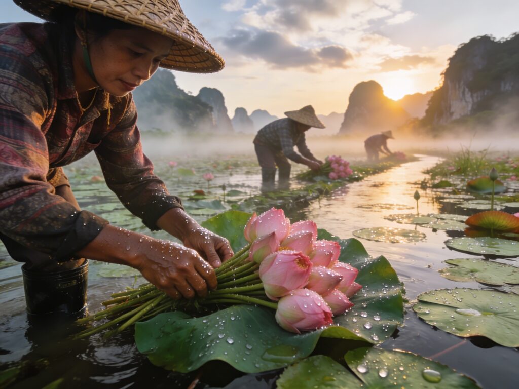 Ang Thong’s Golden Basin Lotus Harvest: Gathering Sacred Blooms with Wetland Keepers in the Daybreak Dew