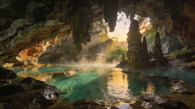 **Trang’s Subterranean Symphony: Guiding Through Emerald Lagoons with Cave Guardians in the Dawn Mist**