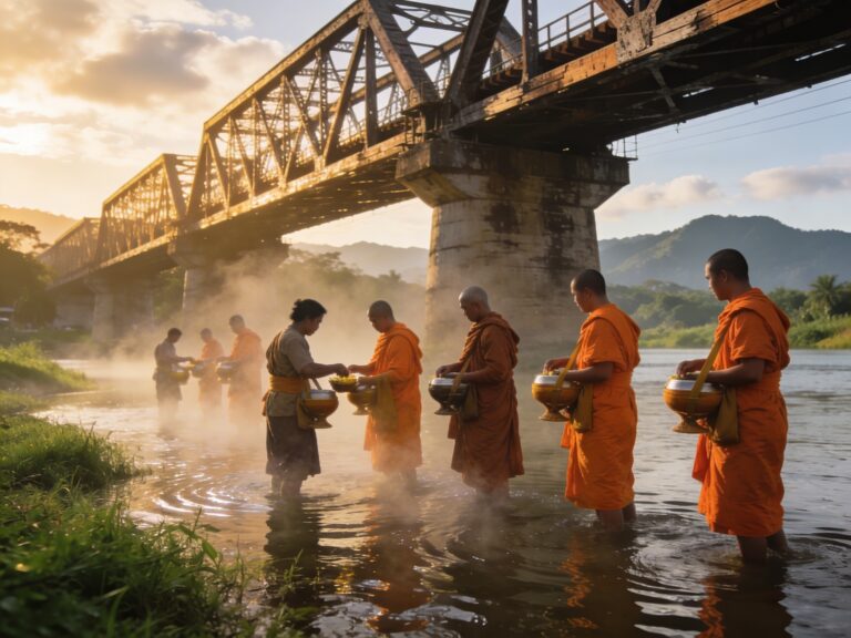 Kanchanaburi’s Dawn Passage: Stepping Across the Mon Bridge with Morning Alms-Givers in the River Kwai Hush