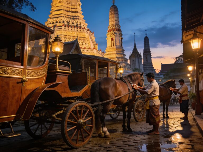 **Lamphun’s Urban Steed Guardians: Tending Historic Horse Carriages with Stable Keepers in the Temple District Twilight**