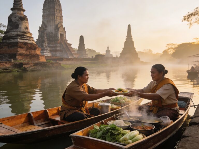 Ayutthaya’s Floating Kitchen Boats: Serving Chanting Sustenance to UNESCO Temple Workers in the Canal’s Morning Murmur