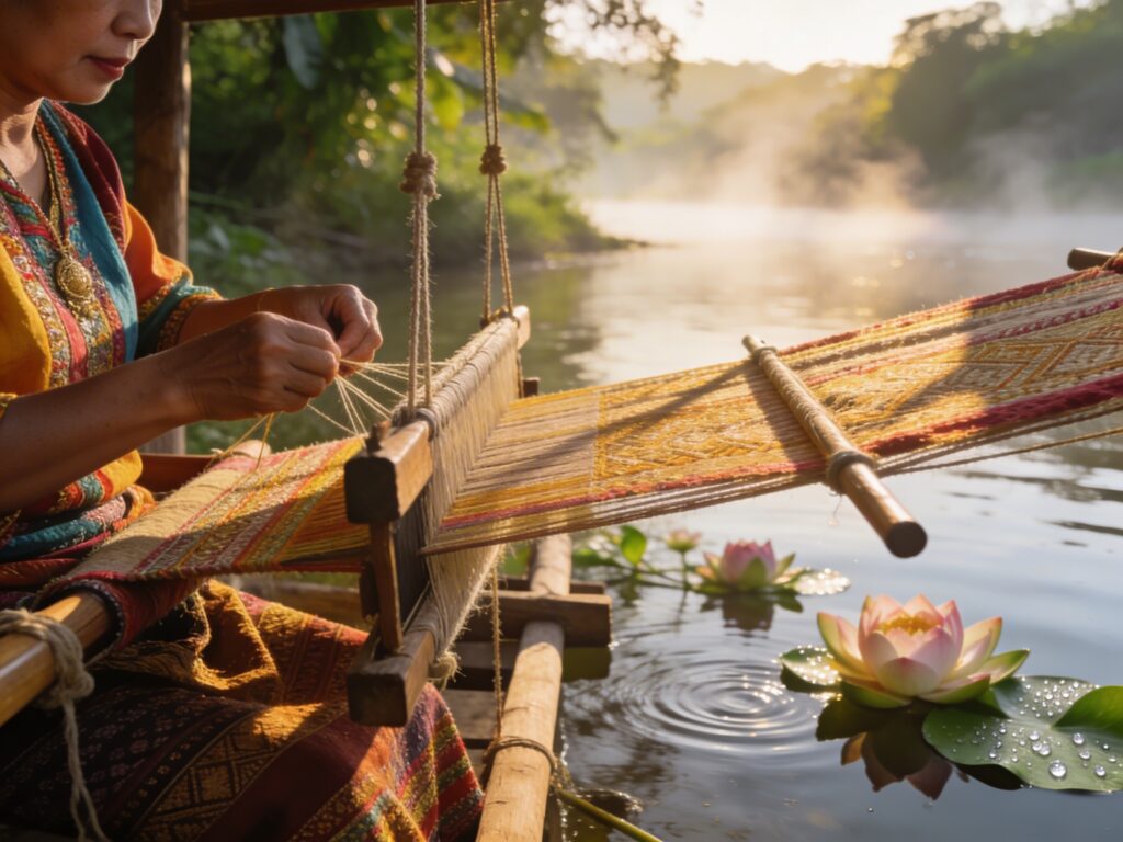 **Ang Thong’s Lotus Loom: Crafting Sacred Garments with Riverside Weavers in the Morning Stillness**