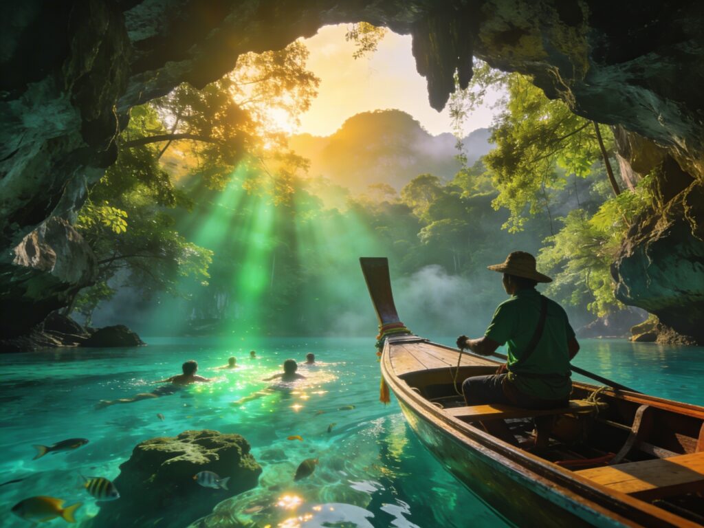 **Trang’s Emerald Veil: Swimming Through Dawn’s Secret Lagoon with Local Boatmen at Tham Morakot**